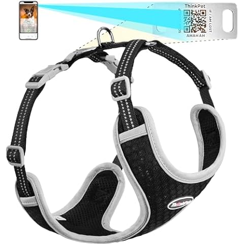 ThinkPet Reflective Breathable Soft Air Mesh with QR Code Dog Tag Puppy Choke Free Over Head Vest Harness for Puppy Small Medium Dogs and Cats Small Black Cover