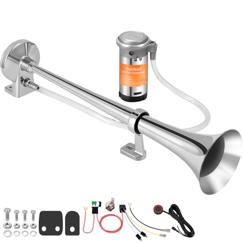 12V 150db Air Horn, BANHAO Chrome Zinc Single Trumpet Truck Air Horn with Compressor for Any 12V Vehicles Trucks Lorrys Trains Boats Cars(Chrome horn with button)