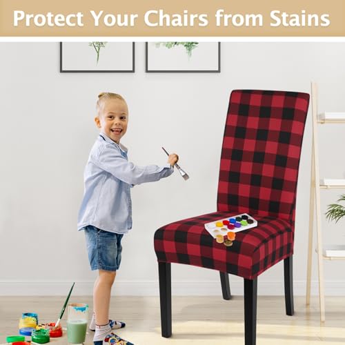 Image of SearchI Christmas Chair Covers Set of 4, Stretch Xmas Kitchen Chair Cover Removable Washable Holiday Parsons Chair Slipcovers for Dining Room, Christmas Decoration, Ceremony (Black /Red Plaid)