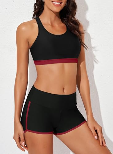 Image of Aleumdr Womens Athletic 3 Piece Tankini Swimsuits with Shorts Swim Tank Tops with Sports Bra and Boyshorts Bathing Suits