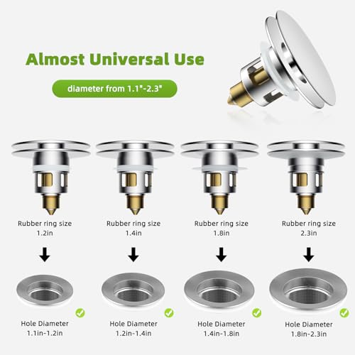 Image of Universal Bathroom Sink Drain Stopper Strainer, 2PCS, Chrome | 2 in 1 Pop Up Sink Stopper for 1.1''~2.36'' Sink Basin Hole, Hair Catcher with Removable Stainless Steel Filter Basket