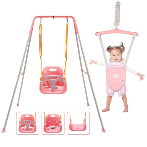 Image of FUNLIO 2 in 1 Swing Set for Toddler & Baby Jumper, Heavy Duty Kids Swing & Bouncer with 4 Sandbags, Foldable Metal Stand for Indoor/Outdoor Play, Easy to Assemble and Store - Pink