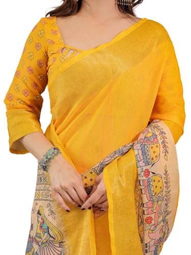 Image of ALMAARI FASHION Handloom Cotton Saree, Yellow with Traditional Floral Print and Lotus Motifs, 5.5 Metre with Blouse Piece