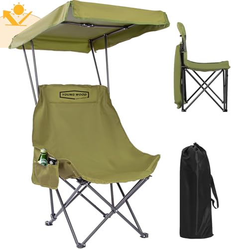 YOUNG WOOD Portable Camping Chair Beach Chair with Shade Canopy, Fold Lightweight Oversized for All, Easy to Open and Close Without Installation, Side Pocket Design for All Outdoor Activities, Green