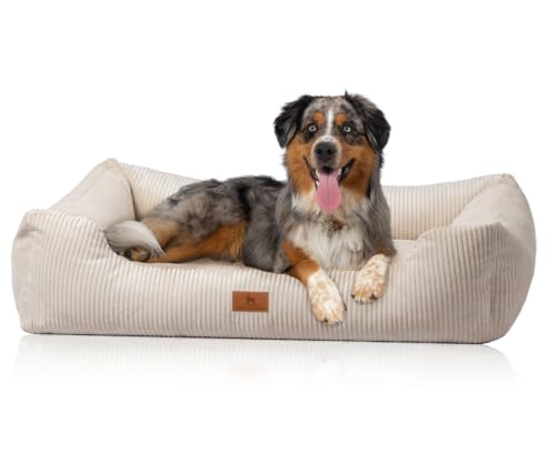 Knuffelwuff Hundebett aus Cord mit Handwebcharakter Olivia XXL 120 x 85cm Beige - Abnehmbarer Bezug - waschbar - für große, mittelgroße und kleine Hunde
