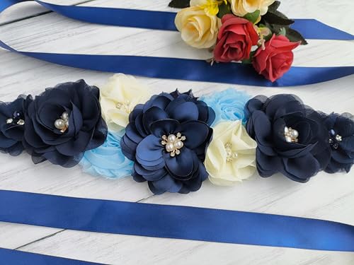 Dark Blue Maternity Sash,Maternity Flower Sash Belt Navy Blue, Navy Sash Belt Women's Dress Accessory3