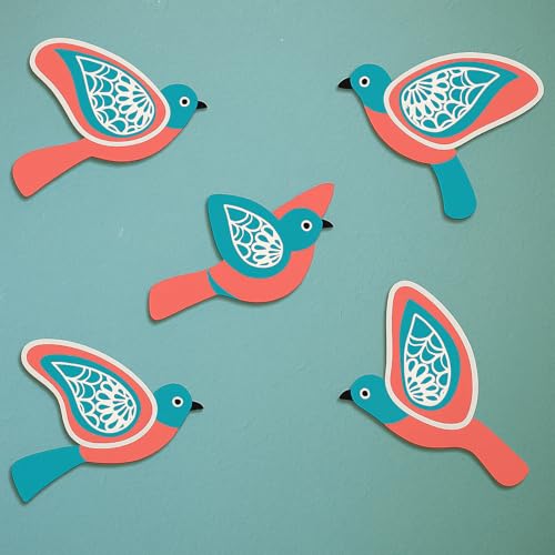 Image of GiftOday Wooden 3D 5 Pieces Birds for Wall Art Panel | Wood Bird Art Wall Hanging Art Decoration Item for Living Room, Bedroom, Drawing Room, Dining Room & Office (Aqua & Orange) Pack of 1