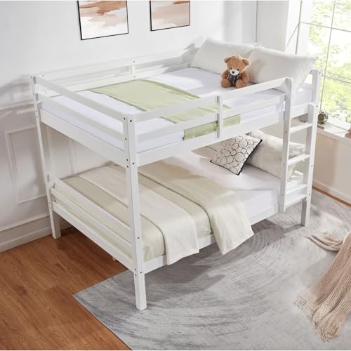 Image of Softa Full Over Full Bunk Bed with High Guardrail and Ladder,Wooden Bunk Bed with High Guardrail and Ladder for Kids, Teens, Dorm Rooms, and Guest Rooms,No Box Spring Needed,White