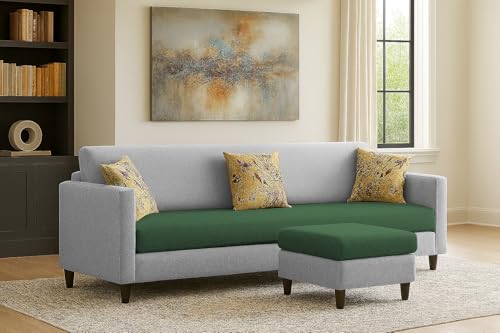 Image of Casaliving Premium Lifestyle Fabric 5 Seater L Shape Sofa Set 4 Seater Modern Sofa Set & Ottoman for Living Room (Green Grey Color)