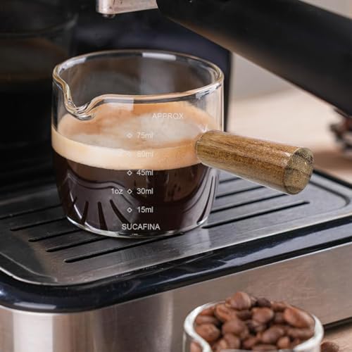 Image of Supvox Double Espresso Cup 75ml Heat Resistant Measurement Cup with Wooden Handle High Boron Glass Espresso Shot Glass with Easy Pour Spout for Home and Cafe