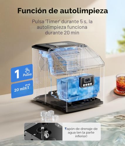 Miniatura 4 de Komore Máquina Para Hacer Hielo, De Acero Inoxidable, 20 Kg Día, 24 Piezas Listas En 13 Minutos, Máquina De Hielo Autolimpiante Con Cuchara De Hielo Y Cesta, Pantalla Led, Temporizador De 24 Horas
