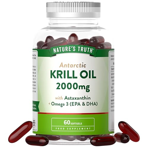 Antarctic Krill Oil 2000mg | High Strength Blend with Omega 3 Fish Oil Astaxanthin EPA and DHA | 60 Softgels | Natures Truth