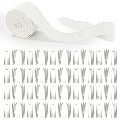 Curtain Pleat Tape with 60 Hooks 13 Yards / 12 Meters Pleater Tape for Curtains Included 60Pcs Stainless Steel 4 Prongs Hooks White Pinch Pleat Curtain Tape for DIY Home Curtain Making