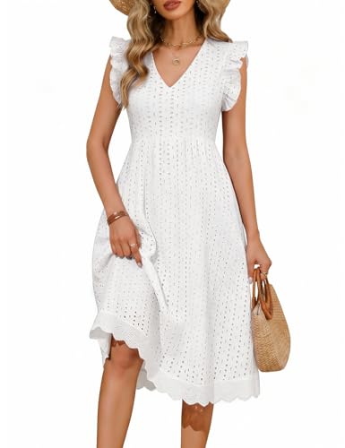 PASUDA Robe Longue Femme Été Chic et Elegant Coton Robes Col en V Taille Haute Boheme Robe sans Manches à Volants A-Line Robe de Plage Décontracté avec Poches...
