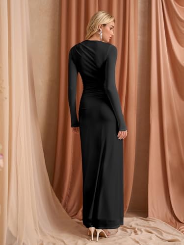 HTZMO Women Fall Long Sleeve Bodycon Floral Maxi Dress Ruched A Line Flowy Wedding Guest Formal Party Long Dresses2