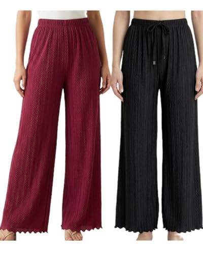 Image of Women Pack of 2 Pleated Palazzo Pants | Free Size (M to 3XL) | Elastic Waist with Drawstring | Soft Stretch Fabric | Casual, Office