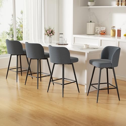 Image of Swivel Bar Stools Set of 2, 26 inch Counter Height Bar Stools with High Back and Metal Legs, Fabric Bar Chairs, Modern Barstools for Kitchen Island, Light Grey