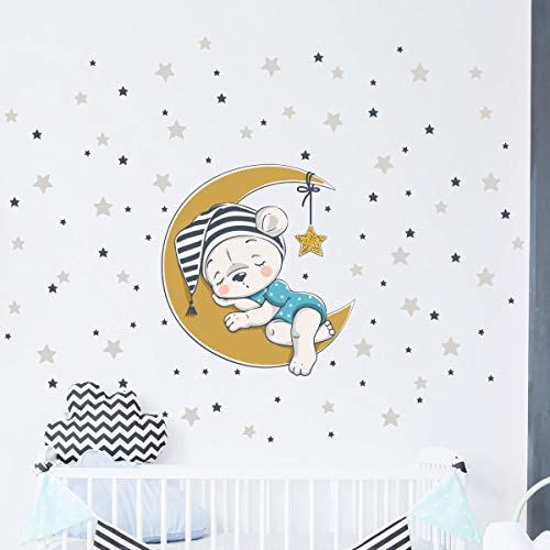 Wall Stickers for Children - Baby Room Decoration - Wall Stickers - Bear on Moon + 100 Stars - Wall Sticker - H30 x L30 cm