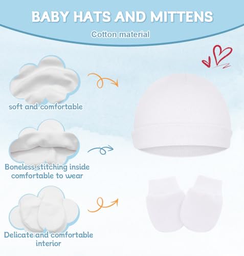 Cotton Baby Hats and Mittens Set Unisex, Toddler No Scratch Mittens and Beanie Cap Infant Newborn Hospital Hat2