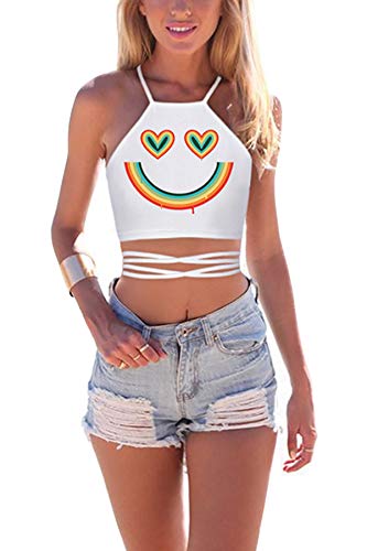 JOXJOZ Women's Summer Rainbow Printed Halter Neck Criss-Cross Boho Bandage Tank Camis Crop Top Vest (White)