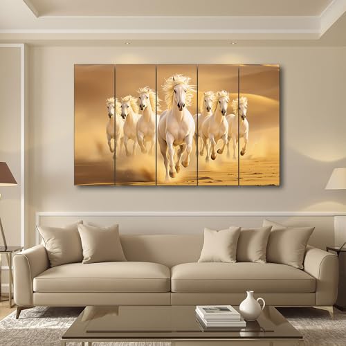 Image of The Castle Decor Running Horses with Rising Sun Vastu Painting | Wooden Frame Multi-Panel Wall Art for Living Room (Multi Color - Design 8, 36x60 Inch)