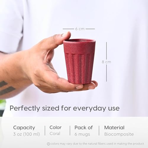 Image of Set of 6 Eco-Friendly Cutting Chai Cups | 100ml Reusable Coffee & Tea Cups | Rice Husk & Bamboo Fiber | Microwave & Dishwasher Safe | Hot & Cold Beverages (Coral Color)