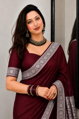 Image of Women's Glory Banarasi Satin Kanjivaram Saree Silver Zari Border Pure Soft Blend Silk Sari Kanchipuram Paithani Silk Party Wedding Festive New Ladies Sadi with Unstiched Blouse Piece.
