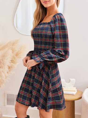 CUPSHE Women's Red Plaid Ruffle Cuff Fall Dress Square Neck Long Puff Sleeve Smocked Bodice Casual Mini Autumn Dresses4