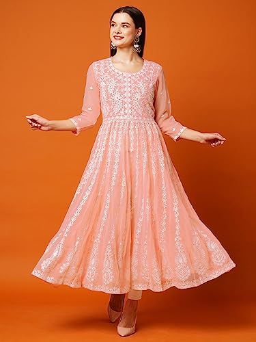 Image of ANNI Designer Women's Georgette Regular Fit Chikankari Embroidered Anarkali Kurti