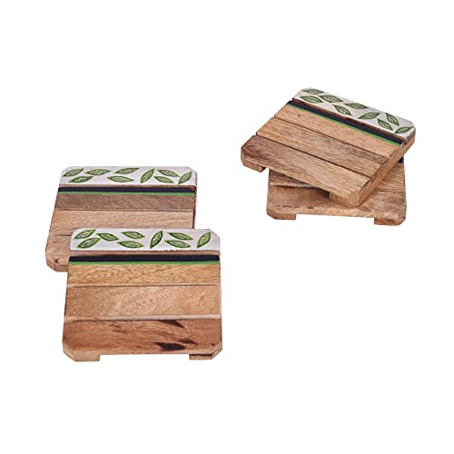 Image of AAKRITI ART CREATIONS Minty Leaves Hand Painted Coasters | Wooden Coaster Set of 4 | Decorative Coaster Matte Finish | Floral Art Mango Wood Handcrafted Coasters | Brown Wooden Coaster Set