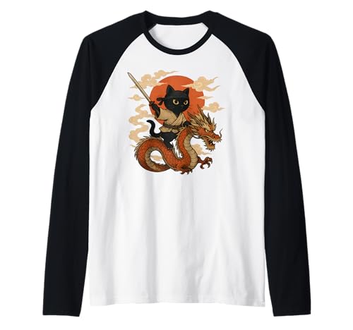Vintage Japanese Samurai Cat Ninja Dragon Kawaii Anime Lover Raglan Baseball Tee