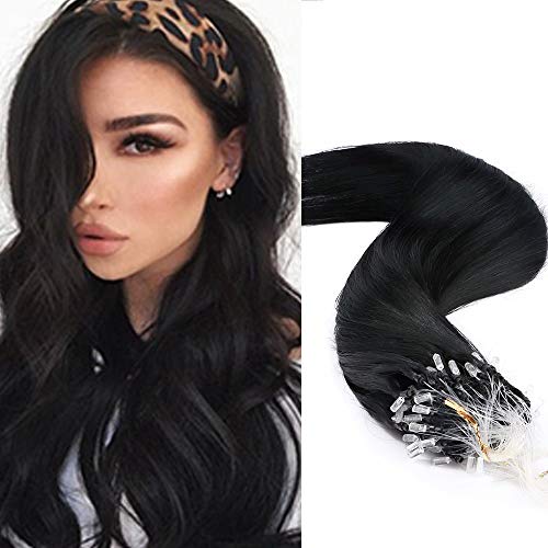 60cm - Extensiones de Micro Loop Anillos Pelo Natural 100% Cabello Humano 100 Mechas 50g Remy Human Hair - 1# Negro Azabache Cover