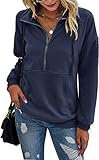PRETTYGARDEN Women's Casual Long Sleeve Lapel Zipper Sweatshirt Drawstring Loose Pullover Tops (Navy,Large)