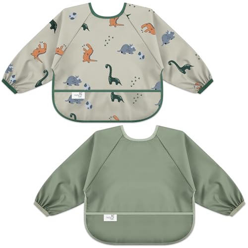 Image of BebeBiu Long Sleeve Baby Bib, Waterproof Fabric, Catch-All Pocket, Baby Smock Bib, Adjustable Sleeves