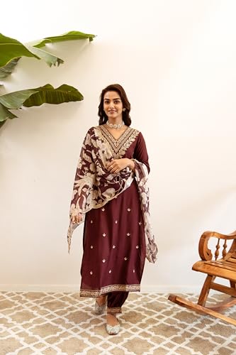 Image of INDO ERA Women's Embroidered Viscose Rayon Kurta & Pant With Dupatta Set