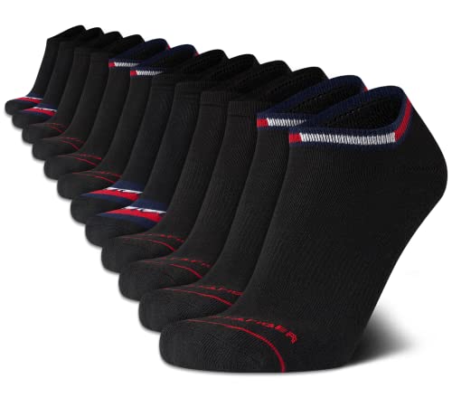Tommy Hilfiger Calcetines deportivos para hombre, calcetines acolchados invisibles (paquete de 12), Todo negro, 7-12