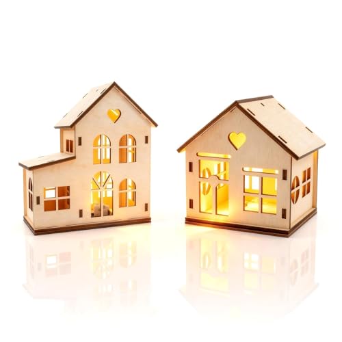 Aitsite 2 Peças Vila Natalina de Madeira com Luz LED, Vila de Natal em Miniatura, Casa de Natal com Luzes Decorativas, Casinhas de Natal com Luz LED para Decoração Natalina Interior