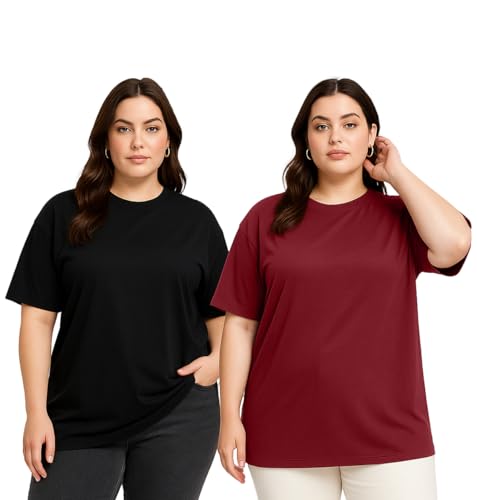 Image of JUNEBERRY 100% Pure Cotton Oversized Baggy Fit Drop Shoulder Solid Core Plus Size T-Shirt Combo for Women (Pack of 2) (Sizes from: 2XL to 5XL)