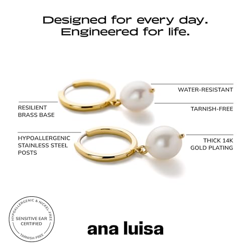 Image of Ana Luisa Frida Pearl Jewelry Huggie Hoops - Medium & Small 14K Gold Plated & Silver Rhodium Plated Drop Hoop Earrings with Freshwater Pearls - 2-in-1 Hypoallergenic Water-Resistant, Tarnish-Free Hoop