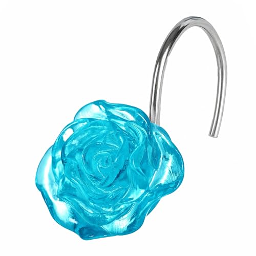 Teal Blue Rose Shower Curtain Hooks: Turquoise Aqua Flower Rings, 12Pcs
