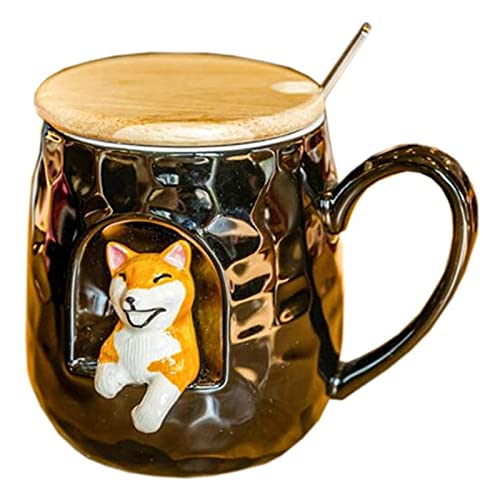 WGLL Taza Animal estereoscópica, Taza de Leche de cerámica, con Tapa de Madera y Cuchara de Acero Inoxidable, 400 ml