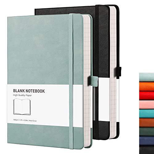 RETTACY Blank Notebook A5 Plain Notebook 2 Pack - 384 Pages Unlined Notebook with 100gsm Blank Paper, Pen Holder, Inner Pocket, for Sketch School Women Men 14.5 x 21cm - Black Gray Blue