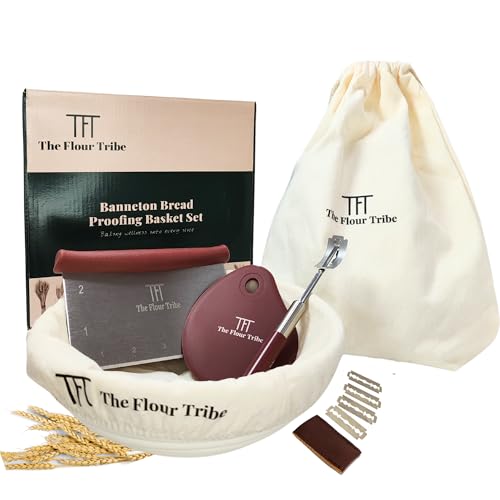 Banneton Bread Proofing Basket: Sourdough Bread Baking Supplies, Sourdough Starter Kit, Bread Making Supplies Tools, Baking Gift Set, 9 inch round rattan Basket, bread bag, dough scraper, scoring lame