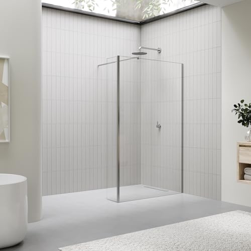 i-flair Seitenwand 40cm x 200cm inkl. Eckprofil (Rundprofil), beweglicher Spritzschutz für Walk In Dusche, 10mm STARK, aus ESG Sicherheitsglas zum Nachrüsten