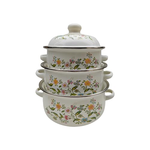 Juego de olla de horno holandés con tapa para cocinar utensilios de cocina esmaltados, ollas y sartenes, juego de asas de hierro fundido esmaltado (flor pequeña, 3 piezas)