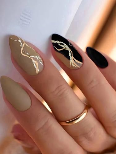 Secret Lives Glossy Matte Reusable Artificial Fake False Press on Nails Camel Brown and Black Color with Golden Glitter Design 24 Pieces Set with Kit