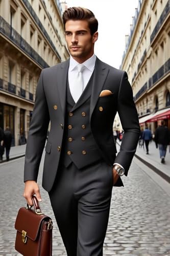Men 3 Piece Herringbone Slim Fit Suits Wedding Tuxedos Double Breasted Two Button Peak Lapel Blazer Vest Pants Set ALV173