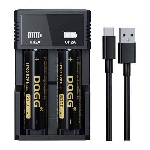 ABCTOY 21700 Rechargeable Battery 3.7Volt 5000mAh High Capacity Flat Top for Headlamp Flashlight (21700 Battery+Charger,2 Pack)