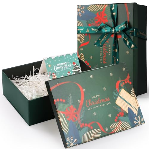 Joogee Navidad Magnética Cajas Regalo con Tapa 29 * 21 * 10.5cm, Caja de Regalo de Reutilizable con Cinta Tarjetas de Felicitación, para Embalaje de Regalos de Bodas y CumpleañOs（Navidad Bosque）