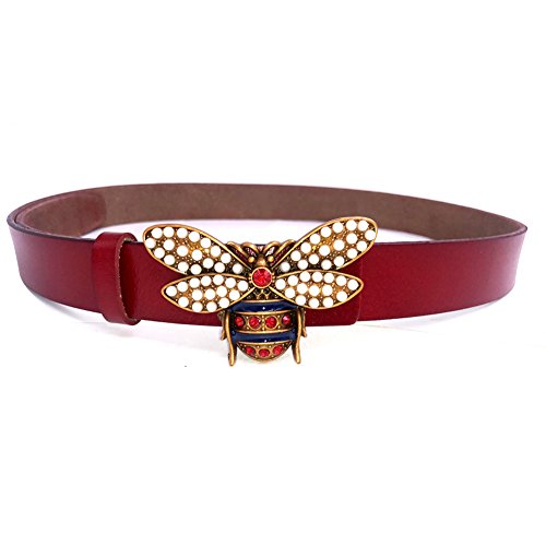 MoYoTo Women 1.10″ Thin Genuine Leather Fashion Bee Designer Buckle Belt With Pearl (Red)